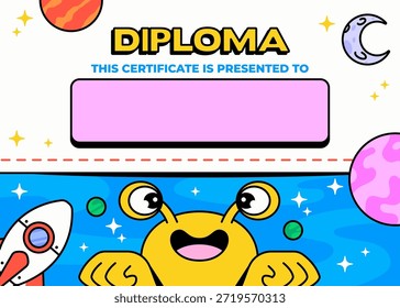 Fun diploma certificate template with cute alien character, rocket, moon, and colorful planets. Playful cartoon vector style perfect for kids awards, school certificates, and education events vector