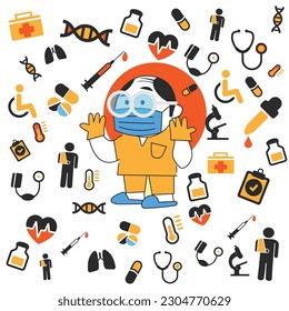 A fun doctor surgeon with lots of medical tools and symbols