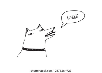 Fun dog illustration barking “Whoof” with a speech bubble. Ideal for dog lovers, pet projects, and creative designs.