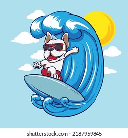 fun dog surfing mascot on ocean waves vector illustration