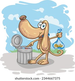 El perro divertido arroja popó en la papelera. personaje de dibujos animados. sobre fondo