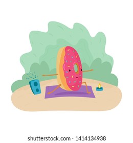 Fun donut illustration doing yoga. A donut stands in a warrior pose on a rug with a sound column and a candle. Cute poster with pink donut for poster, postcard, clothes, flyers. Vector