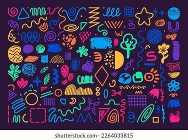 Fun doodle abstract shapes, children random draw artwork. Youth art, colorful confetti blobs. Textured brushes elements, lines and organic liquid neoteric vector forms