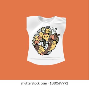 Fun doodle art perfect for t-shirt designs on a white  t-shirt mock-up. With a small cartoon characters in different shapes like cloud, angels, bears