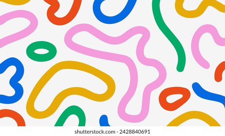 Fun Doodle Hintergrund mit abstrakten Figuren und Formen in lebendigen Regenbogenfarben. Buntes minimalistisches Vektordesign. Einfache kindische Kritzelkulisse. Pop-Art-Stil