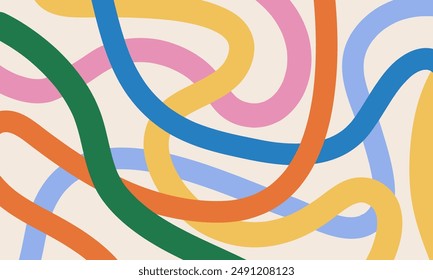 Fondo de garabato divertido con colores del arco iris rayas curvas. Diseño simple e infantil.