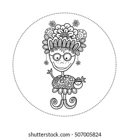 Fun doodle doll vector illustration with flowers, crazy hat, big smile, freckles, glasses, handbag, earrings, swirls and curly shoes on white background