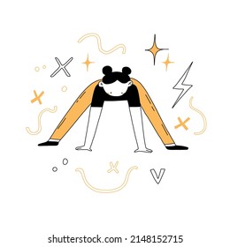 Fun doodle female character doing stretching, stretching to the floor with her legs apart. Vector minimalistic illustration in black and yellow color. Black line design.