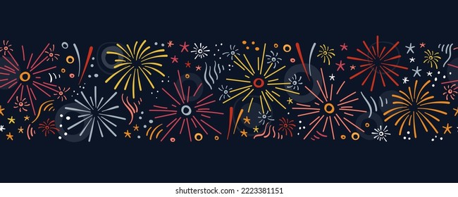 Fun doodle fireworks seamless pattern. Festive, victory, celebrating background. Great for banners, wallpapers, textiles, wrapping - vector design