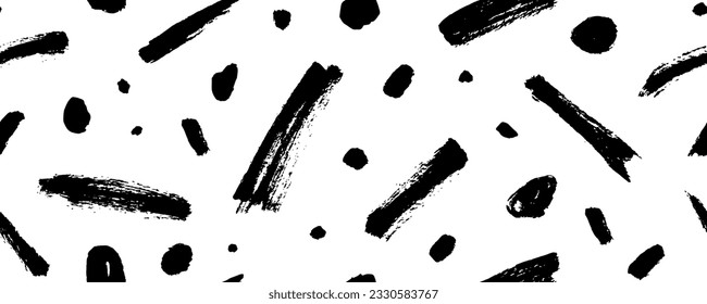 Fun doodle lines and dots seamless pattern. Creative minimalist style childish banner background. Straight short brush strokes and dots ornament. Vector festive celebration simple design.