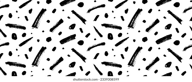 Fun doodle lines and dots seamless pattern. Creative minimalist style childish banner background. Straight short brush strokes and dots ornament. Vector festive celebration simple design.