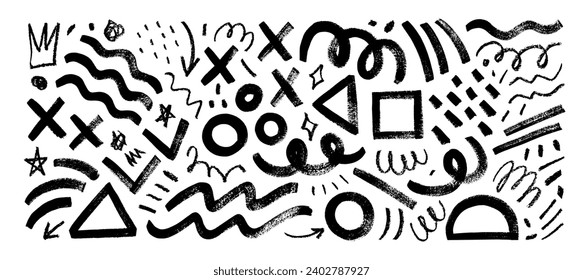 Fun doodle lines and geometric shapes collection in childish Memphis style. Charcoal and brush drawn abstract shapes. Modern trendy grunge doodle basic figures, squiggles, lines and strokes.