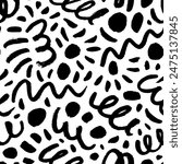 Fun doodle lines seamless pattern. Brush drawn squiggles and dots, various strokes. Childish style background in creative naive style. Creative confetti doodle motif. Freehand abstract drawing.