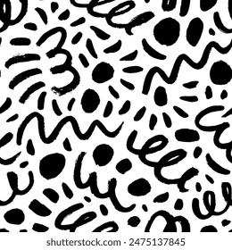 Fun doodle lines seamless pattern. Brush drawn squiggles and dots, various strokes. Childish style background in creative naive style. Creative confetti doodle motif. Freehand abstract drawing.