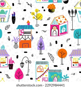 Divertido Doodle Multicolor Casas Vector Patrón sin inconvenientes