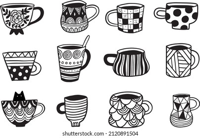 Un doodle divertido ornamental juego de policías de té. Colección de tazas de café en blanco y negro con un gato