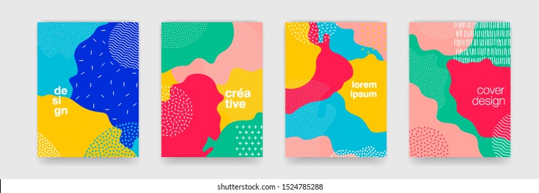 Fun Doodle Pattern Background With Abstract Shapes And Colors. Modern Vector Pattern For Funny Brochure Cover Template Design