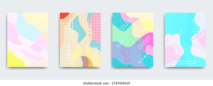 Fun doodle pattern background with abstract shapes and colors. Modern vector pattern for funny brochure cover template design. Modern trend simple minimal geometric pattern background design.