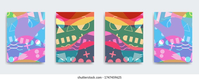 Fun doodle pattern background with abstract shapes and colors. Modern vector pattern for funny brochure cover template design. Modern trend simple minimal geometric pattern background design.