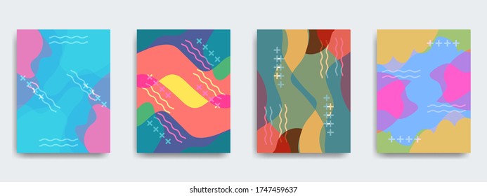 Fun doodle pattern background with abstract shapes and colors. Modern vector pattern for funny brochure cover template design. Modern trend simple minimal geometric pattern background design.