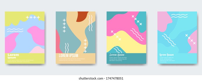 Fun doodle pattern background with abstract shapes and colors. Modern vector pattern for funny brochure cover template design. Modern trend simple minimal geometric pattern background design.