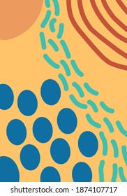 Fun doodle pattern background, with abstract shapes and colors, Modern trendy cartoon pattern, for cute flyer cover template, vector creative design.