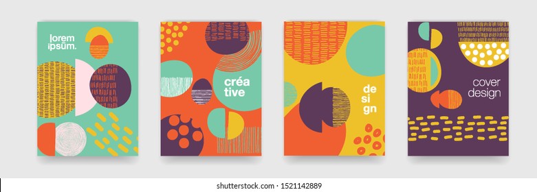 Fun Doodle Pattern Backgrounds With Abstract Shapes And Colors. Modern Trendy Cartoon Pattern For Funny Brochure Cover Template, Vector Creative Design