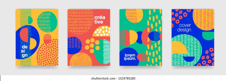 Fun doodle pattern backgrounds with abstract shapes and colors. Modern trendy cartoon pattern for funny brochure cover template, vector creative design