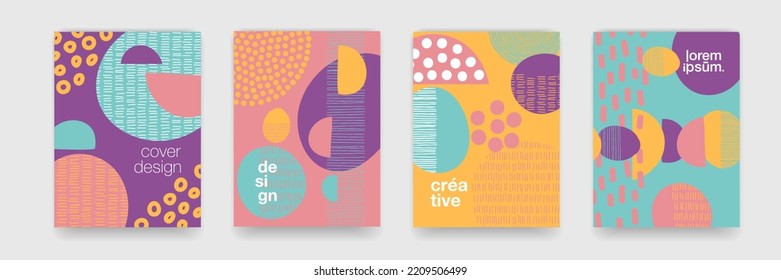 Diversos antecedentes de patrones de doodle con formas y colores abstractos. Patrón moderno de dibujos animados para la plantilla de portada divertida de folletos, diseño creativo vectorial