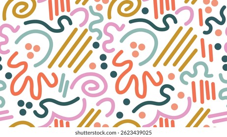 Diversão rabiscar padrão sem emenda. Fundo de arte estilo minimalista criativo para crianças ou design moderno com formas básicas. Simples fundo de rabisco infantil. Perfeito para tecidos, impressão, têxtil, papel de parede