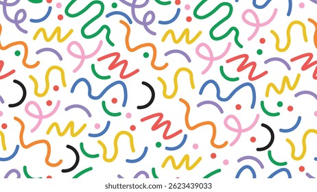 Diversão rabiscar padrão sem emenda. Fundo de arte estilo minimalista criativo para crianças ou design moderno com formas básicas. Simples fundo de rabisco infantil. Perfeito para tecidos, impressão, têxtil, papel de parede