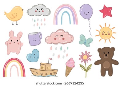 Divertido doodle conjunto con arco iris, flor, corazón, nubes, sol, oso, barco. Estilo de dibujo de crayón infantil.