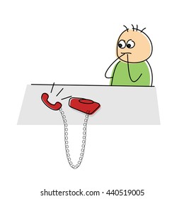 Fun doodle sketch cartoon character on an abusive phone call leaving the handset on the table and retreating to the end of the table with an embarrassed expression and hands to mouth
