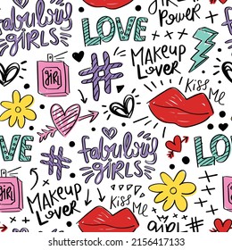 Fun doodle sketch drawing element for girls. Seamless pattern repeating texture background design for fashion graphics, textile prints, fabrics, wallpapers.