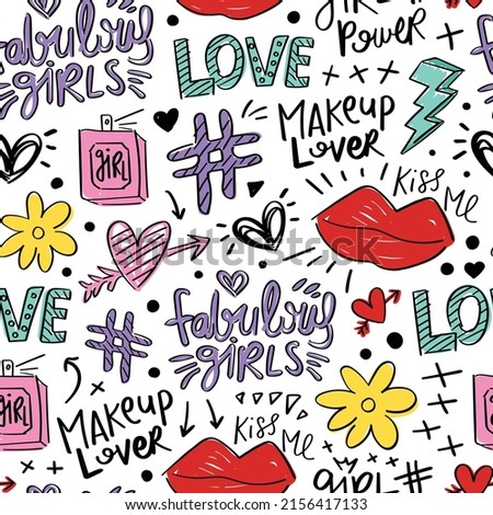 Fun doodle sketch drawing element for girls. Seamless pattern repeating texture background design for fashion graphics, textile prints, fabrics, wallpapers.