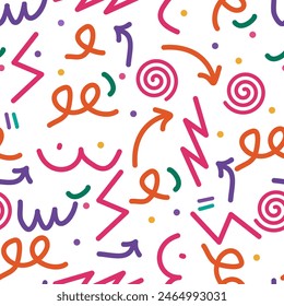 Fun Doodle sketch style of colorful shapes and lines on white background. colorful line doodle seamless pattern