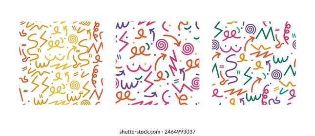 Fun Doodle sketch style of colorful shapes and lines on white background. colorful line doodle seamless pattern
