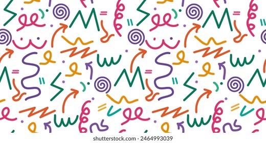 Fun Doodle sketch style of colorful shapes and lines on white background. colorful line doodle seamless pattern