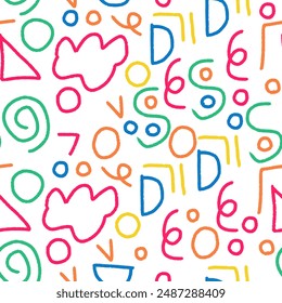 Fun Doodle sketch style of colorful shapes and lines on white background. colorful line doodle seamless pattern