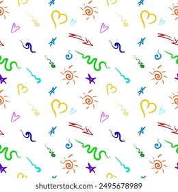 Fun Doodle sketch style of colorful shapes and lines on white background. colorful figure heart, star, sun and waves doodle seamless pattern