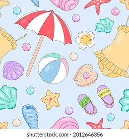 Fun Doodle Summer Stuff Seamless Pattern. Blue water repeat background for design paper, fabric or web ad. Vacation background with underwear, beach umbrella, pearls, flip flops, starfish, swimsuit.  