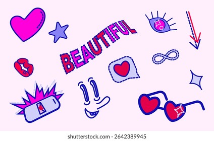 Fun doodle vector illustration set for children and teenager. Smartphone, heart, face, speech bubble, eye, sunglasses, lips. Beautiful modern trendy element set for girl.