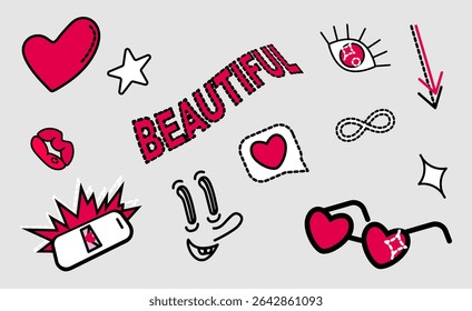 Fun doodle vector illustration set for children and teenager. Smartphone, heart, face, speech bubble, eye, sunglasses, lips. Beautiful modern trendy element set for girl.