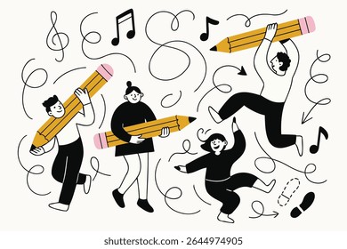 Divertido vetor de rabiscar de pessoas dançando e fazendo música com lápis gigantes. Perfeito para artes criativas, expressão de movimento e conteúdo com temas de artes cênicas.