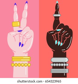 Fun doodle women hands illustration for poster or banner. Black and white