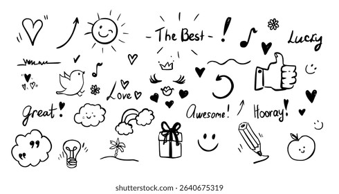 Fun doodles in black feature cheerful symbols like hearts, smiley faces, and suns. Positive words convey optimism, perfect for uplifting designs and creative projects.