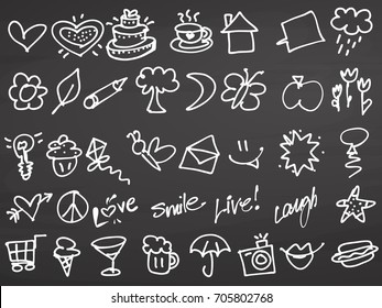 Fun doodles. Icons on Chalkboard, handdrawn vector sketch, clean outlines, vintage style blackboard.