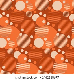 Fun dotted circles seamless pattern for background, wrap, fabric, textile, surface, web and print design. Orange and white casual simple repeatable motif. Vector rapport with vintage color vibes.
