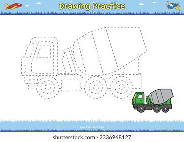Fun Drawing game. Drawing Practice Truck Mixer cartoon landscape. Educational game for children. fun activities for kids to play and learn.