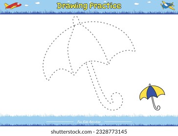 Fun Drawing game. Drawing Practice Umbrella cartoon landscape. Educational game for children. fun activities for kids to play and learn.